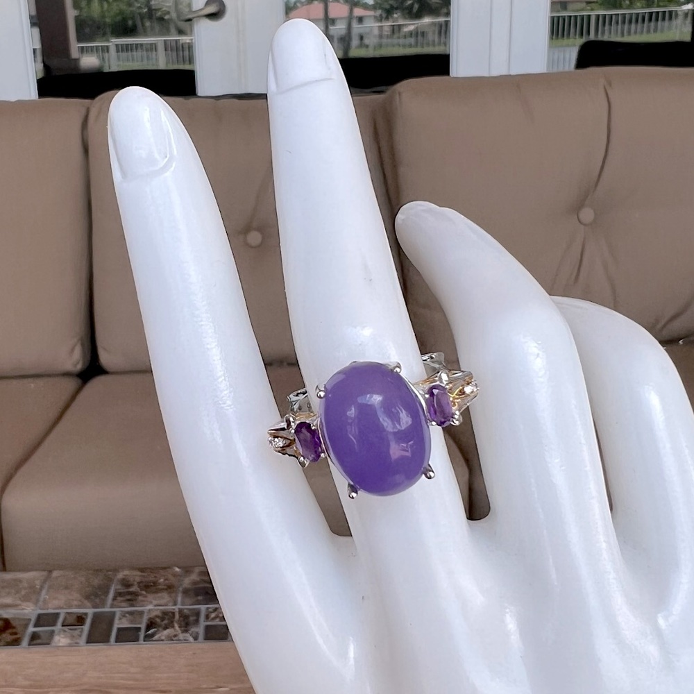 Burmese Purple Jade Multigemstone YG and Sterling Cocktail Statement Ring Sz 8 - Picture 7 of 13